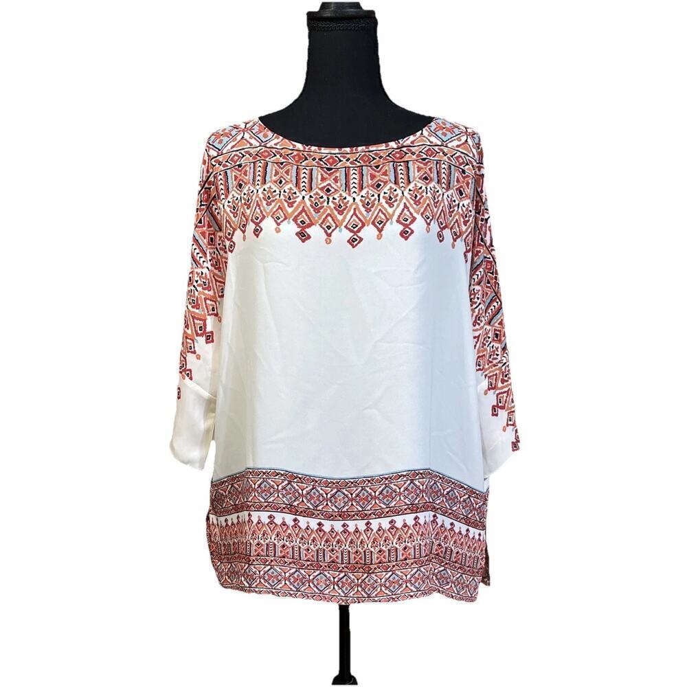 Rose & Olive Ivory Southwest Print Blouse Top M Chiffon Dolman Sleeve Career